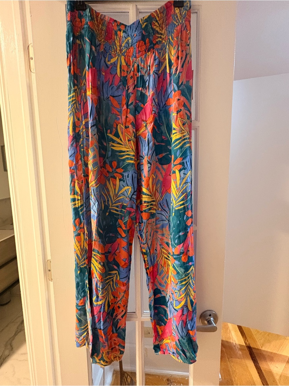 Kona Sol Women’s Tropical Wide Leg Palazzo Pants Large Smocked Waist Colorful